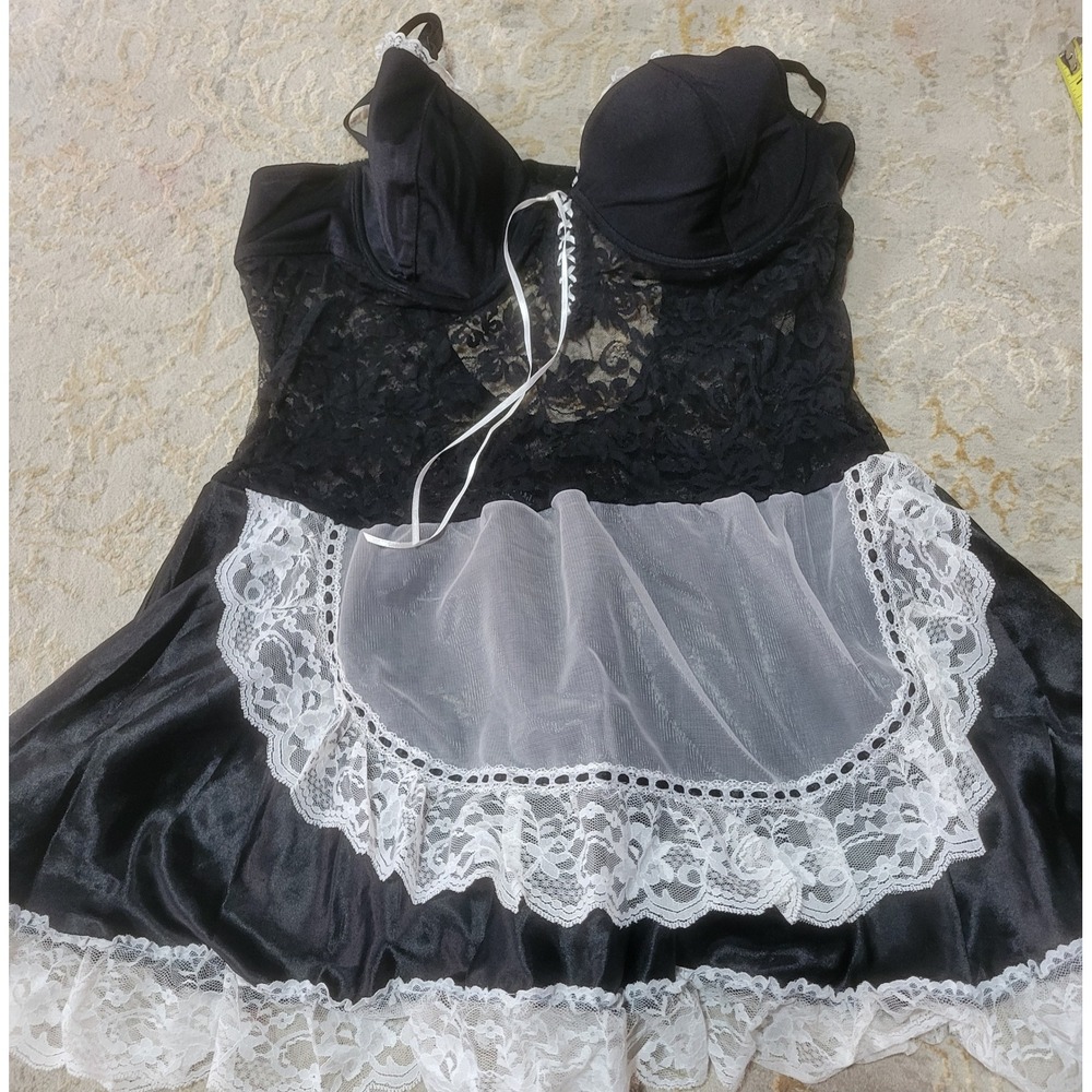 Never Naked French Maid Lingerie Chemise Black White Lace Costume 2X Plus Size